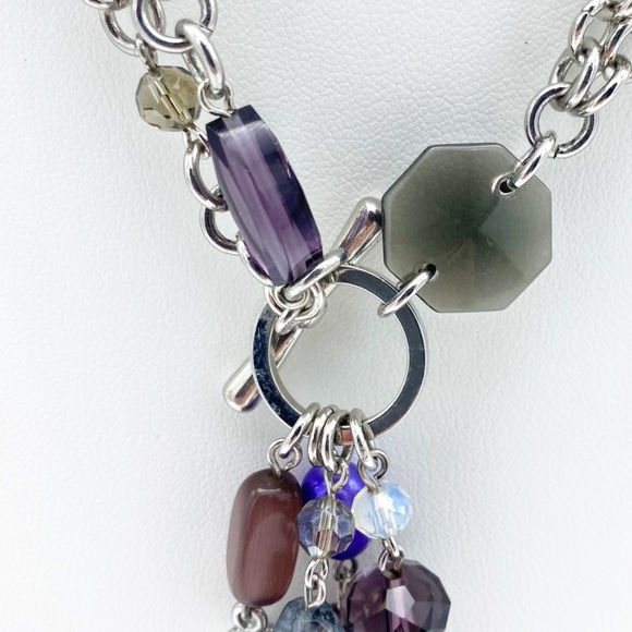 Double Chunky Link Chain Front Toggle Clasp Dangling Faux Gems Necklace - Picture 3 of 11